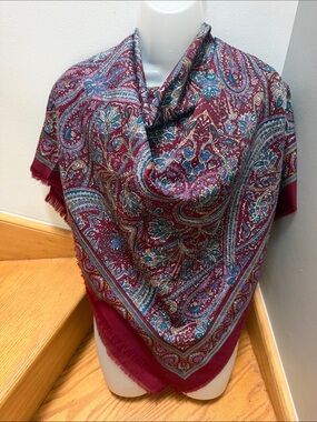 Paisley Polyester large Shawl Wrap in Burgundy and Teal. Tie Rack. Made in Italy
